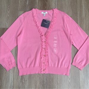 NWT Liz Claiborne Frill Ruffle Front Gold Button Cardigan Sweater Size XL Pink